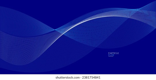 Blue dots in motion dark vector abstract background, particles array wavy flow, curve lines of points in movement, technology and science illustration.