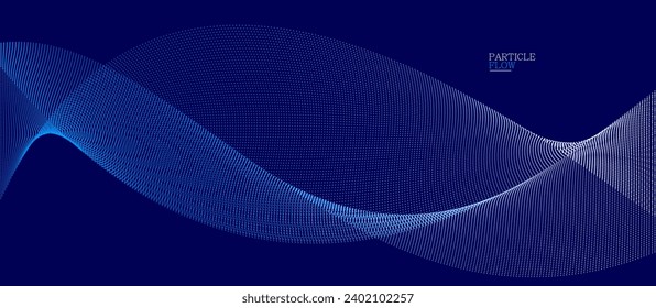 Blue dots in motion dark vector abstract background, particles array wavy flow, curve lines of points in movement, technology and science illustration.