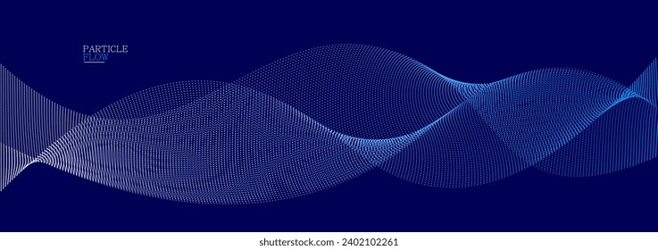 Blue dots in motion dark vector abstract background, particles array wavy flow, curve lines of points in movement, technology and science illustration.