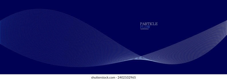 Blue dots in motion dark vector abstract background, particles array wavy flow, curve lines of points in movement, technology and science illustration.