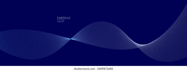 Blue dots in motion dark vector abstract background, particles array wavy flow, curve lines of points in movement, technology and science illustration.