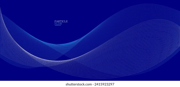 Blue dots in motion dark vector abstract background, particles array wavy flow, curve lines of points in movement, technology and science illustration.