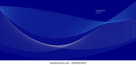 Blue dots in motion dark vector abstract background, particles array wavy flow, curve lines of points in movement, technology and science illustration.