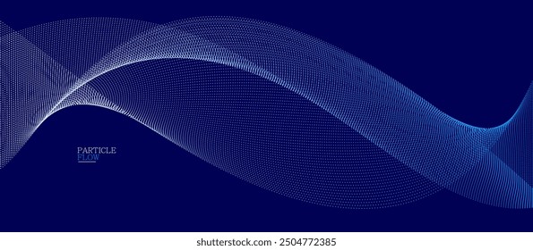 Blue dots in motion dark vector abstract background, particles array wavy flow, curve lines of points in movement, technology and science illustration.