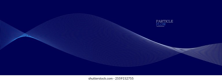 Blue dots in motion dark vector abstract background, particles array wavy flow, curve lines of points in movement, technology and science illustration.