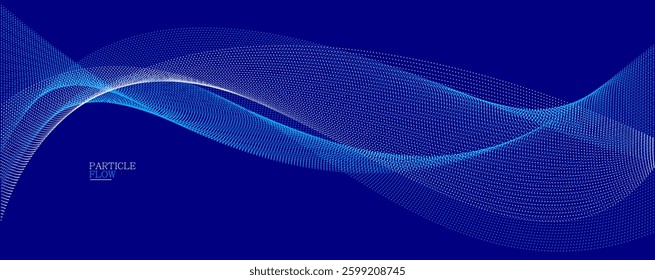 Blue dots in motion dark vector abstract background, particles array wavy flow, curve lines of points in movement, technology and science illustration.