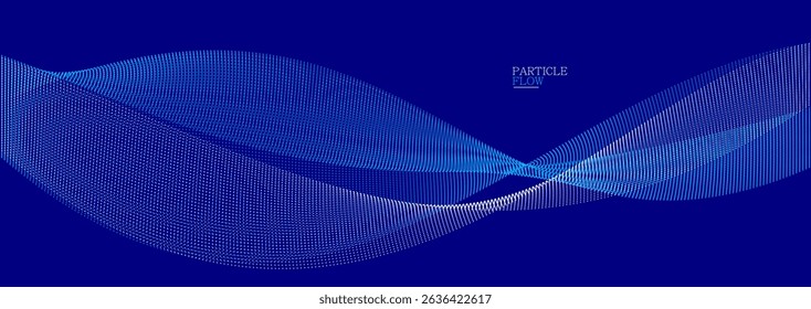 Blue dots in motion dark vector abstract background, particles array wavy flow, curve lines of points in movement, technology and science illustration.