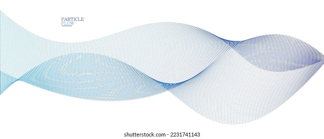 Blue dots in motion vector abstract background, particles array wavy flow, curve lines of points in movement, technology and science illustration.
