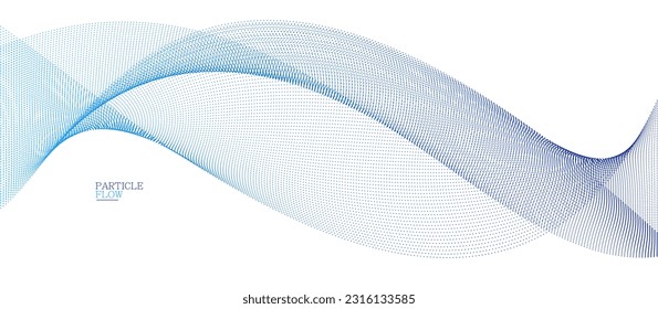 Blue dots in motion vector abstract background, particles array wavy flow, curve lines of points in movement, technology and science illustration.