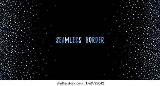 Dots azules, agua redondeada cae borde, marco o patrón de banner. Sin mar en dirección vertical salpicadura de puntos, fondo de pulverización. Textura dibujada a mano, punto desigual, manchas, manchas, pernos, pernos de diseño gráfico