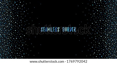 Blue dots, round water drops border, frame or banner template. Seamless in vertical direction dotty splash, spray background. Hand drawn texture, uneven dot, blobs, spots, beads graphic design element