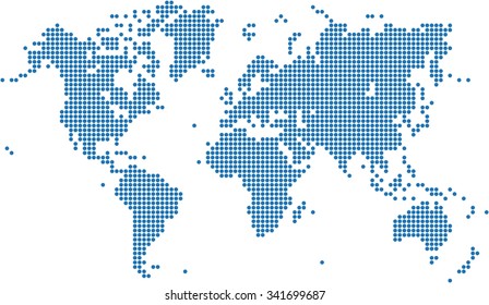 Blue Dots World Map On White Background, Vector Illustration.