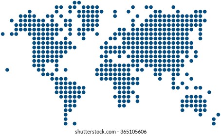 Blue dots world map on white background, vector illustration.