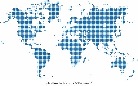 Blue dots world map on white background, vector illustration.