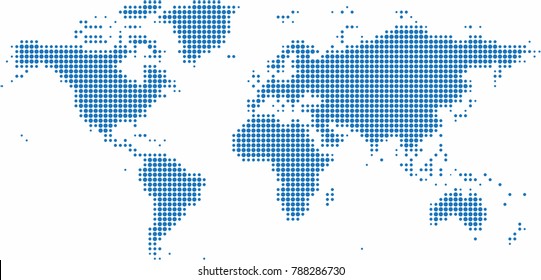 Blue dots world map on white background, vector illustration.