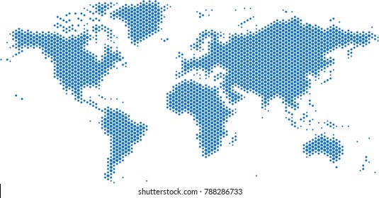 Blue dots world map on white background, vector illustration.