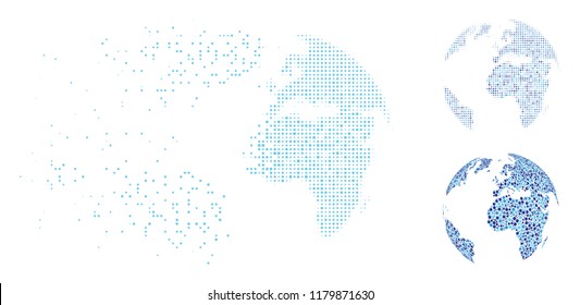 Blue dotted abstract globe icon in dissolved, pixelated halftone and whole versions. Points are organized into vector disappearing blue dotted abstract globe figure.