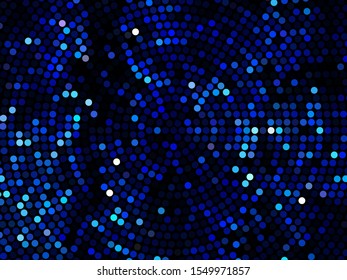 Blue dotted background, vector illustration. Digital gradient. Glowing halftone dots circle. Abstract illustration with blue roundels for decoration design. Dot texture pattern. Christmas decoration