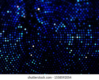 Blue dotted background, vector illustration. Digital gradient. Glowing halftone dots circle. Abstract illustration with blue roundels for decoration design. Dot texture pattern. Christmas decoration