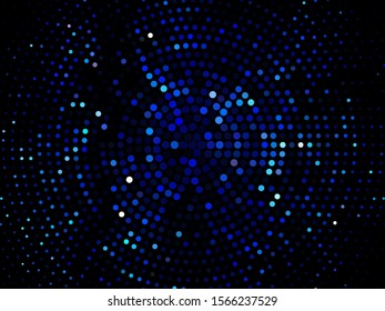 Blue dotted background, vector illustration. Digital gradient. Glowing halftone dots circle. Abstract illustration with blue roundels for decoration design. Dot texture pattern. Christmas decoration