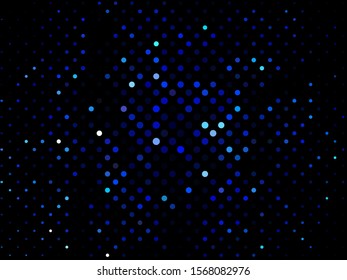 Blue dotted background, vector illustration. Digital gradient. Glowing halftone dots circle. Abstract illustration with blue roundels for decoration design. Dot texture pattern. Christmas decoration