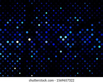 Blue dotted background, vector illustration. Digital gradient. Glowing halftone dots circle. Abstract illustration with blue roundels for decoration design. Dot texture pattern. Christmas decoration