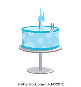Blue dotted birthday cake with unlit candles on a cake stand