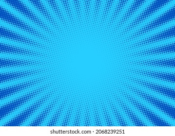 Blue dotted halftone rays background. Vector pop art illustration.