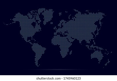 Blue dotted map world. Technology background. Abstract digital dots. Worldmap global point. Earth globe circle. Worldwide continents. Silhouette planet round. Continent for designs travel. Vector 