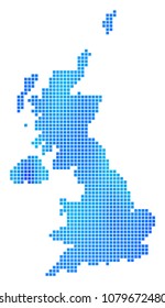 Blue Dotted United Kingdom Map. Vector geographic map in cold blue color hues. Vector mosaic of United Kingdom Map made of regular small squares.