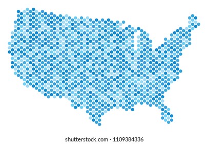 Blue dotted USA map. Vector geographic map in blue color tinges on a white background. Vector composition of USA map composed of spheric point array.