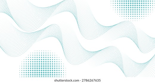 Blue dotted wave line pattern. Light halftone undulate net background. Abstract air flowing particle wallpaper. Vector curve dashed gradient element for poser, banner, presentation, booklet, flyer