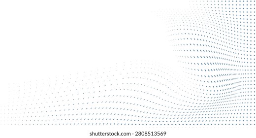 Blue dotted wave line pattern. Light halftone undulate net background. Abstract air flowing particle wallpaper. Vector curve dashed gradient element for poser, banner, presentation, booklet, flyer
