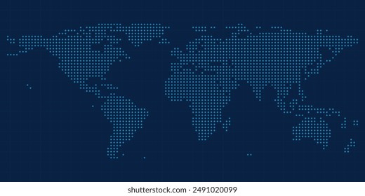 Blue dotted world map with grid on dark blue background. Vector Map Illustration.