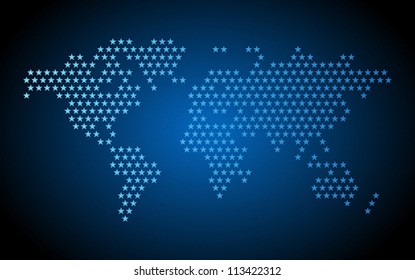 Blue dotted world map made of star shapes. Vector illustration.