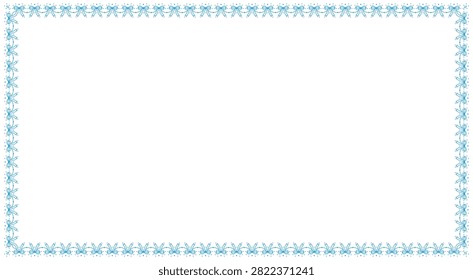 Blue double bow lace rectangle frame repeats paired ribbon knots at corners linked by scalloped dotted garland. cord as coquette ornament isolated on white background for wedding labels or cards.
