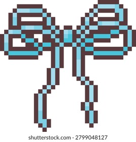 Blue double bow pixel art icon. Vintage pixelated black outline laces or rope knot coquette style. Retro 8 bit video game vector design element. Bitmap holiday decoration. Girly decorative ornament