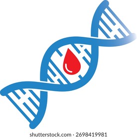 Una cadena de ADN azul de doble hélice con una gota de sangre roja en su centro sobre un fondo blanco.