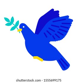 Blue dove carrying olive branch in beak. Hanukkah festive symbol. Jewish religious bird with plat twig isolated on white background. International peace concept. Freedom symbol vector illustration