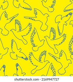 Blue Dove continuous single line seamless pattern on yellow background in peace for Ukraine concept for fashion print, wallpaper, gift wrapping paper etc.