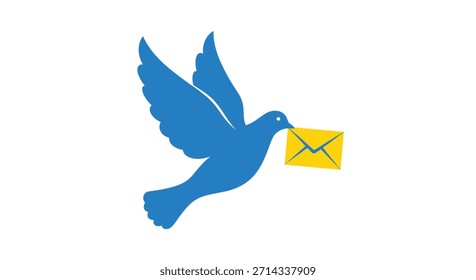 Blue dove delivering a yellow envelope symbolizes secure mail and peaceful communication across distances and cultures around the world.
