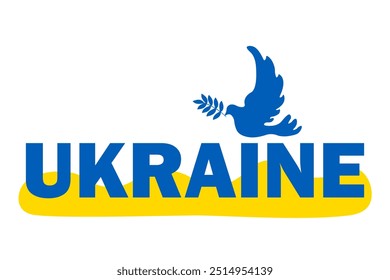 Blue dove with olive branch above the inscription UKRAINE with yellow accent, isolated on transparent background. A symbol of peace and hope for Ukraine. Flat vector illustration.