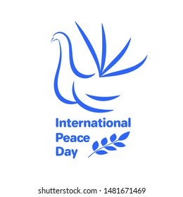 Blue dove on a white background with a branch. Day of peace. Vector stock illustration.