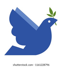 A Blue Dove Of Peace With A Branch Of Olive In Its Beak. Vector Illustration On White Background. A Symbol Of The Flood Of The Bible.