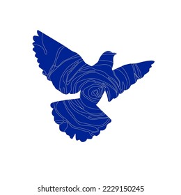 Blue dove with rose petals line art texture on white background, vector.