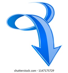 Blue DOWN arrow. 3d curled up sign. Vector illustration isolated on white background