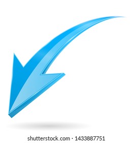 Blue down arrow. 3d shiny web icon. Vector illustration on white background