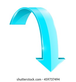 Blue down arrow. Curved shape. Vector illustration isolated on white background