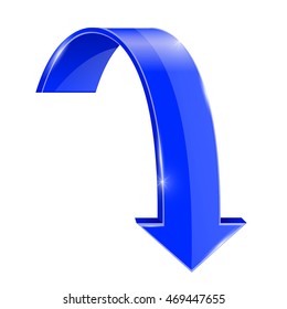 Blue DOWN arrow. Shiny 3d icon. Vector illustration isolated on white background