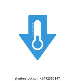 Blauer Pfeil nach unten mit Thermometerzeichen, Klimaanlage, Wetter-Wechsel, Wintertieftemperatur, flache Vektorgrafik Bicolor-Symbol